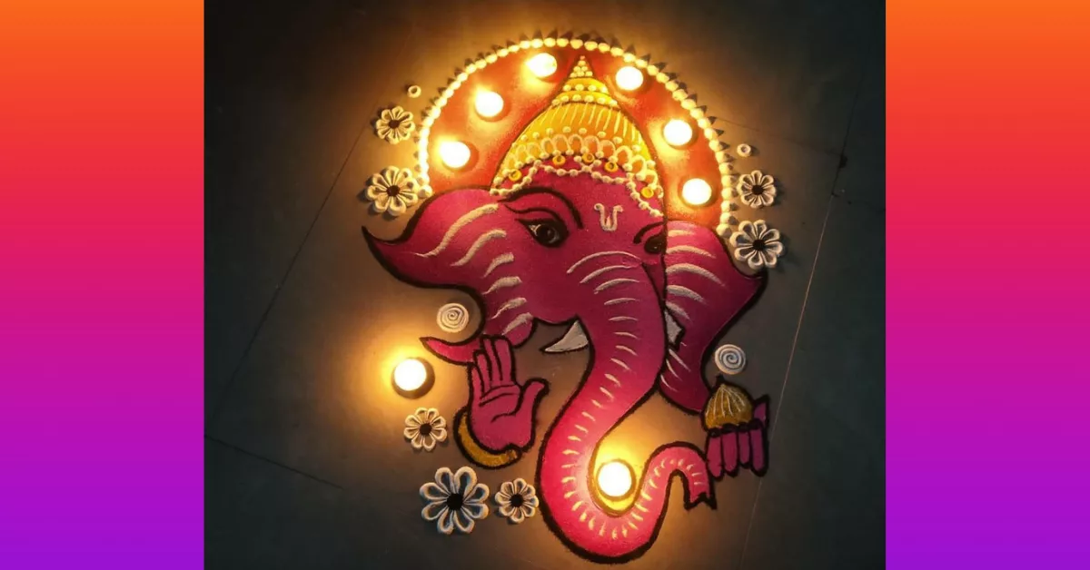 Pink Ganesh Rangoli with Diyas
