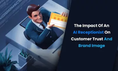 Illustration of an AI receptionist enhancing customer trust and brand image with a professional service approach.