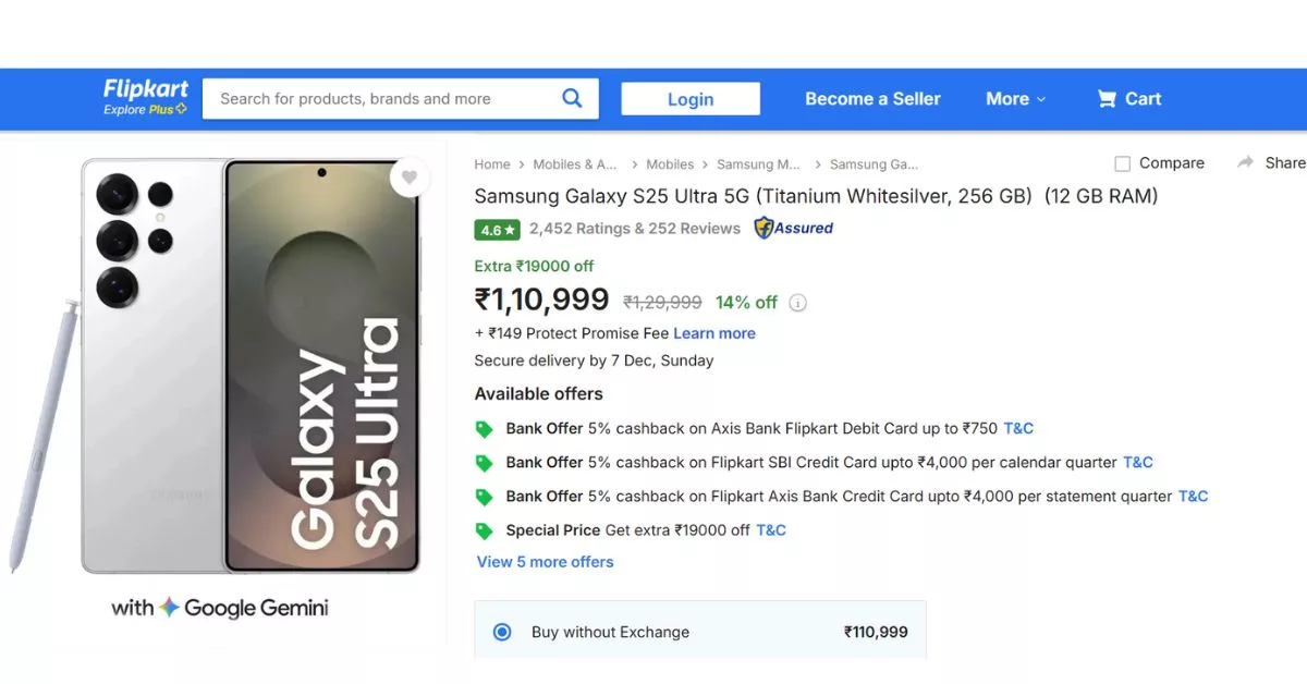 Samsung Galaxy S25 Ultra Gets A Massive Price Cut on Flipkart — Now Rs 26,000 off + Extra Rs 4,000 Cashback